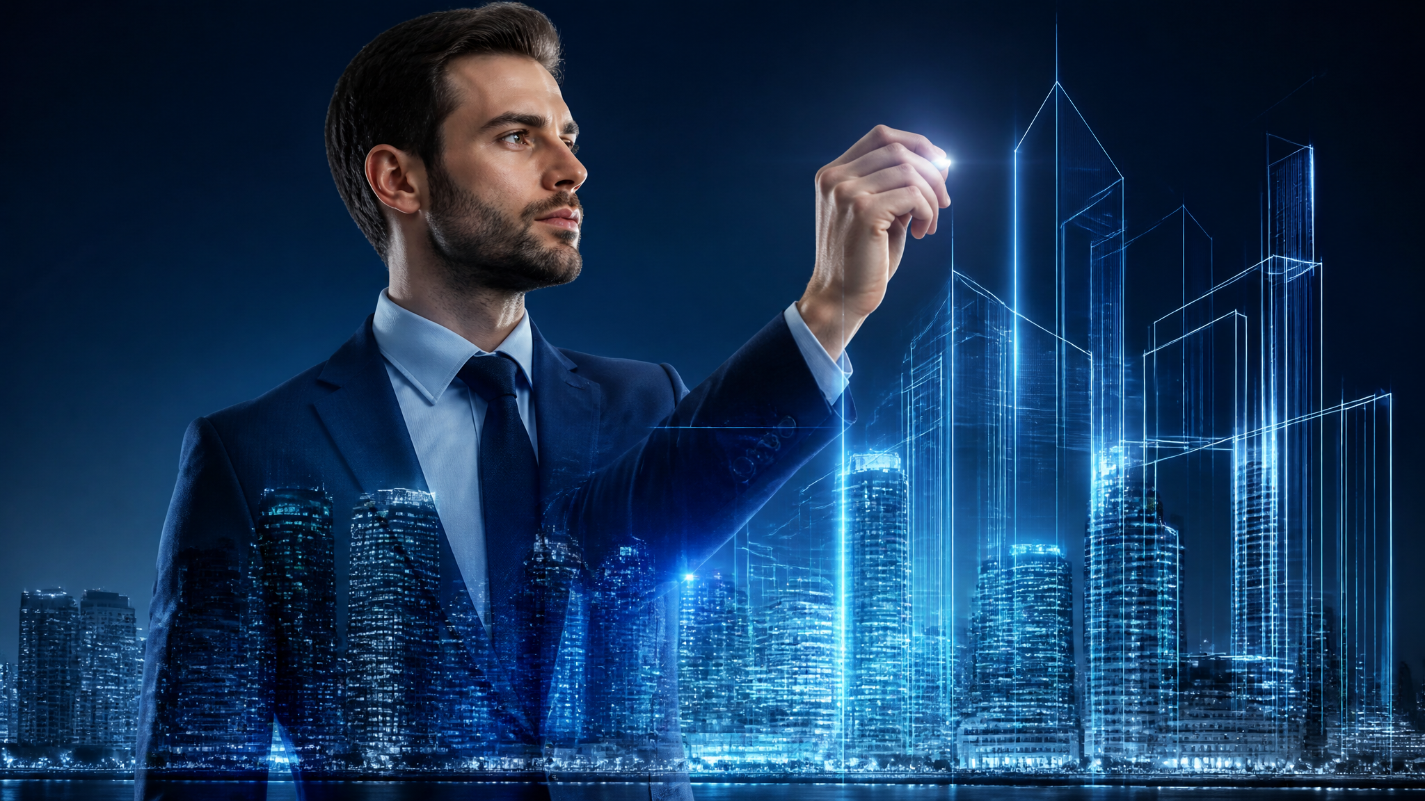 Profissional do mercado imobiliário desenhando edifícios luminosos com skyline futurista ao fundo